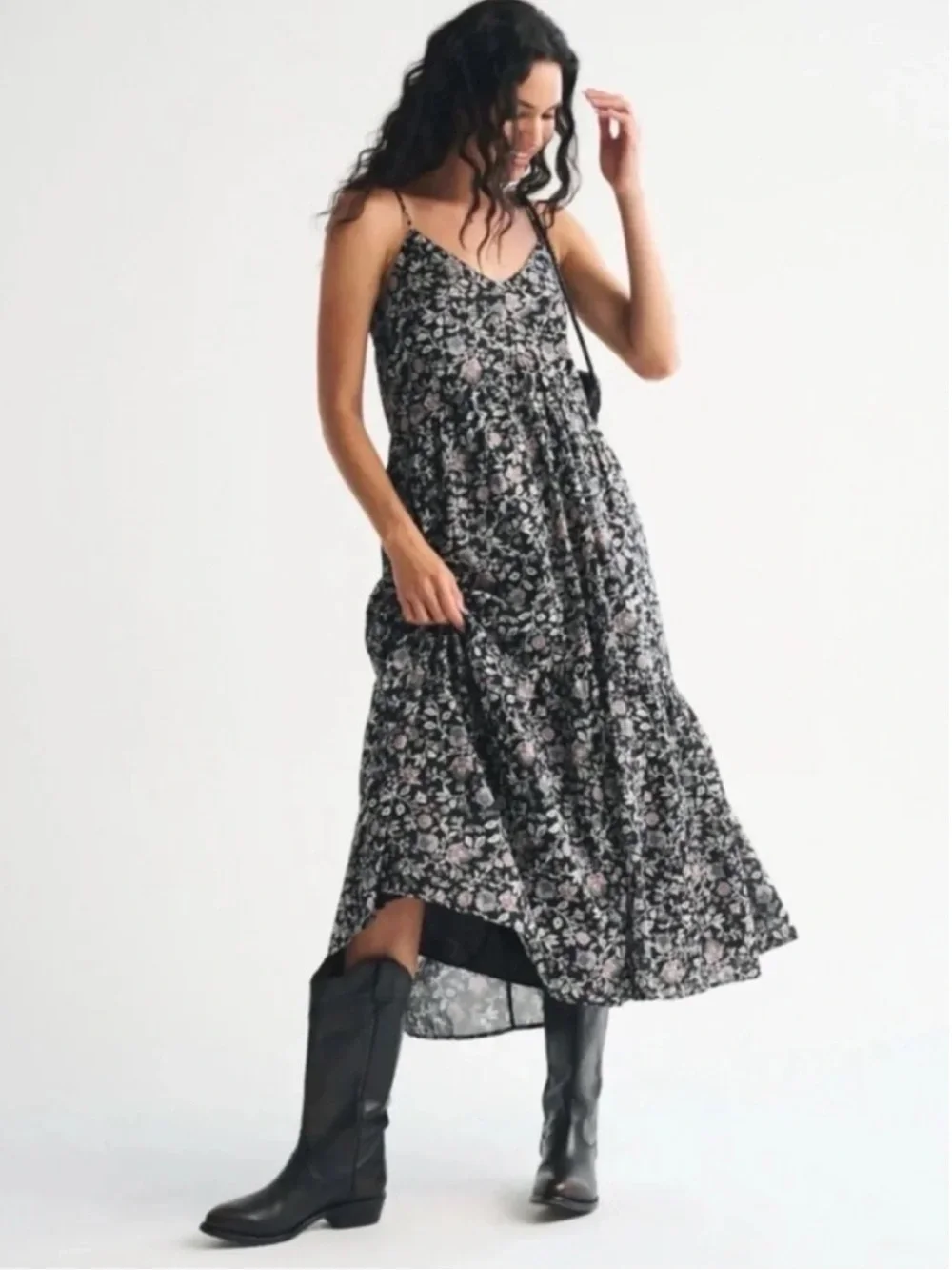 Abercrombie & Fitch Black Floral Maxi Dress with Pink Accents